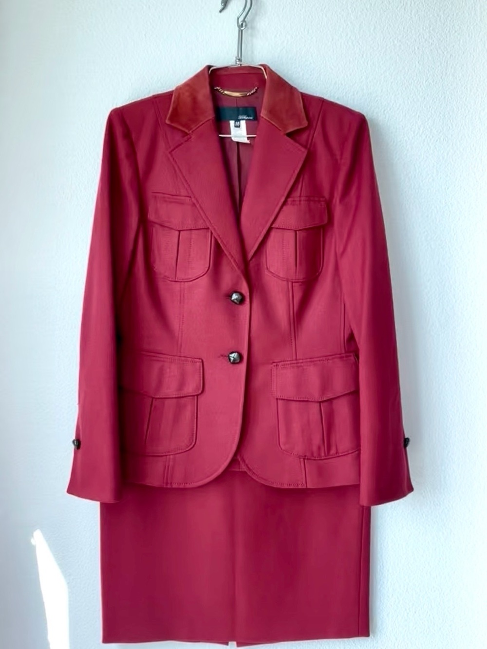 VTG Les Copains Red Wool Blend Tailored Pocket Jacket Pencil Skirt Set 46 10/12